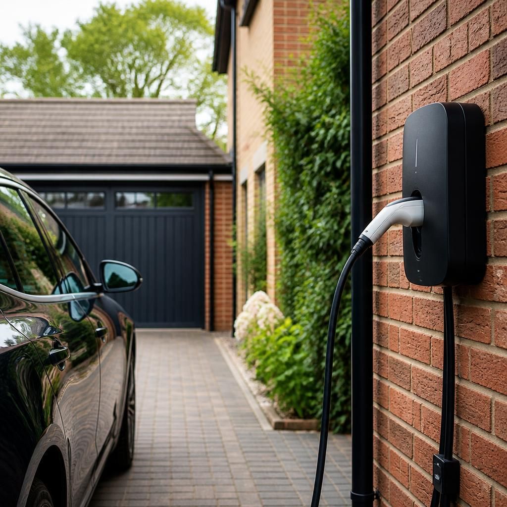 Electric vehicle charger mounted on a home exterior beside a driveway