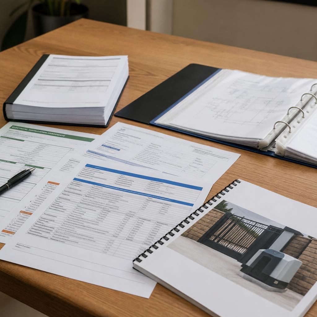 Electrical certificates, test results and equipment instructions arranged on a desk
