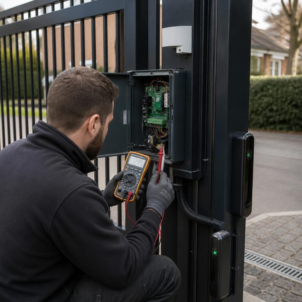 Engineer testing an electric gate control panel beside its safety sensors