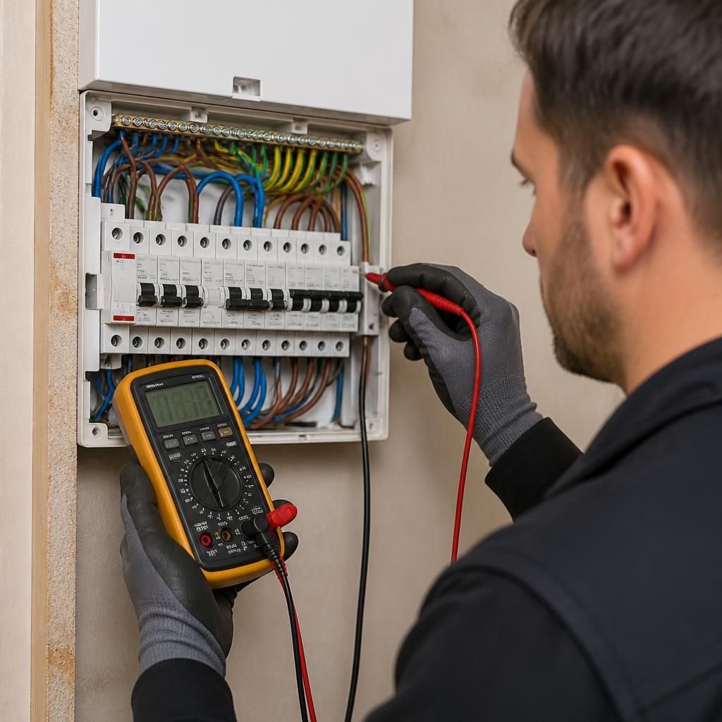 Electrician testing a domestic consumer unit with electrical testing equipment
