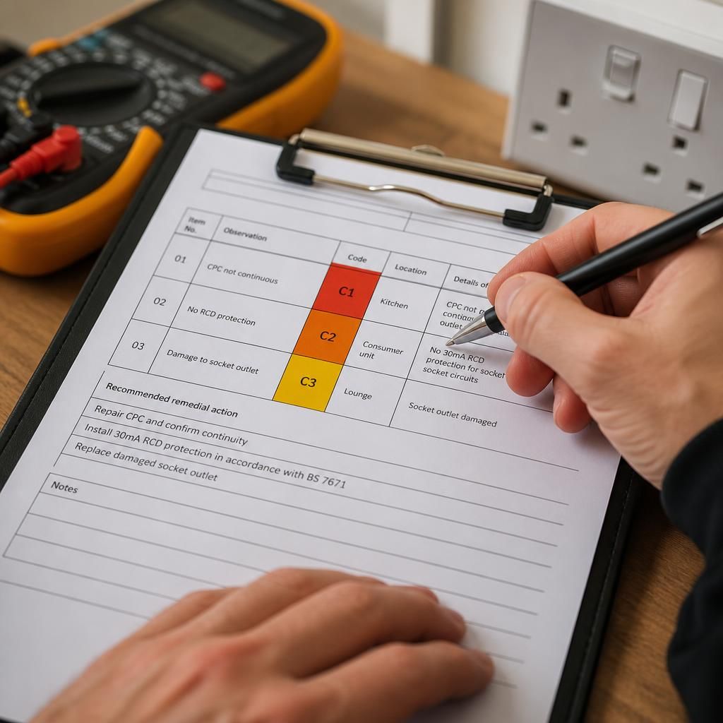 Electrical inspection report showing coded observations and recommended remedial actions