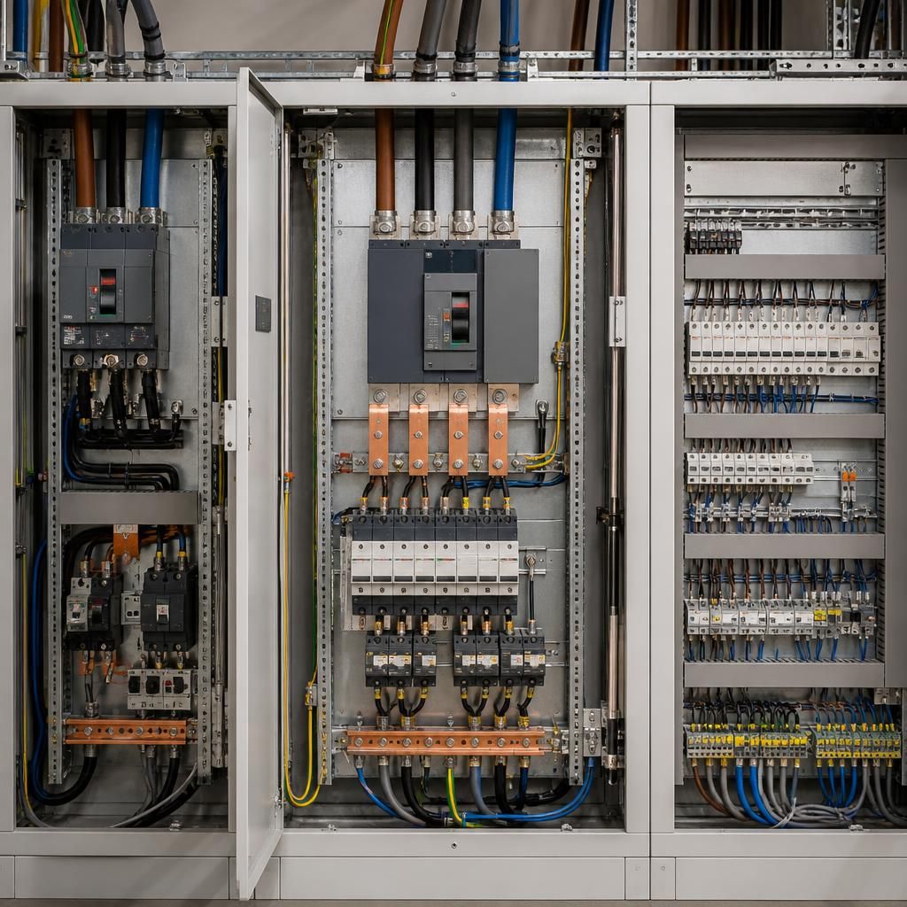 Industrial electrical control panel with clearly arranged three-phase equipment