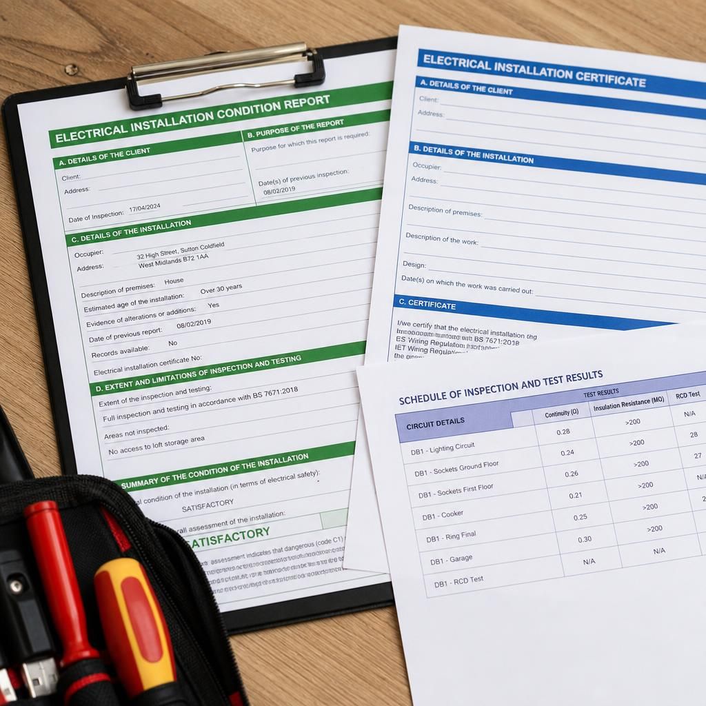Electrical inspection report beside an electrical installation certificate and test results