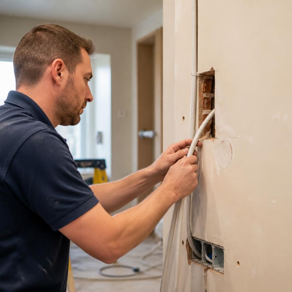 Electrician routing cables through a wall during a domestic installation