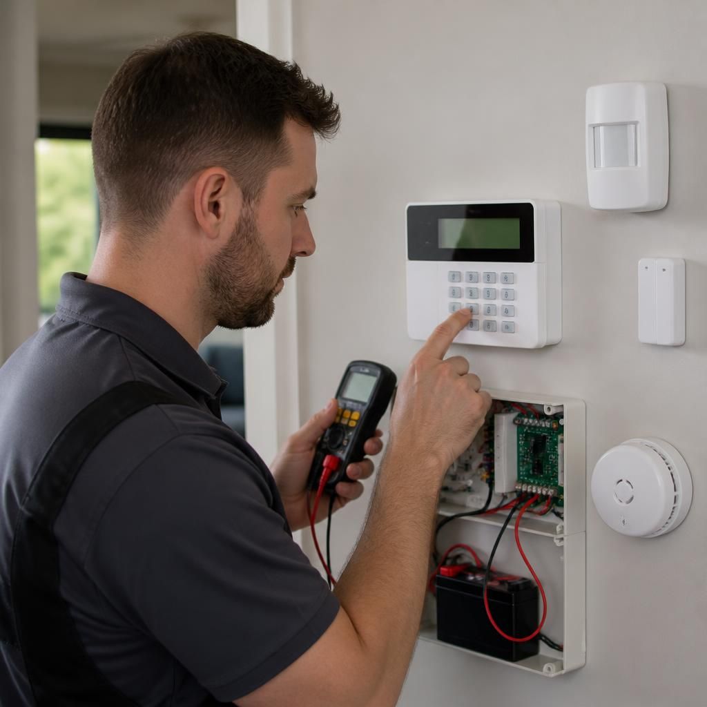 Technician testing a home alarm control panel with a keypad and connected sensors