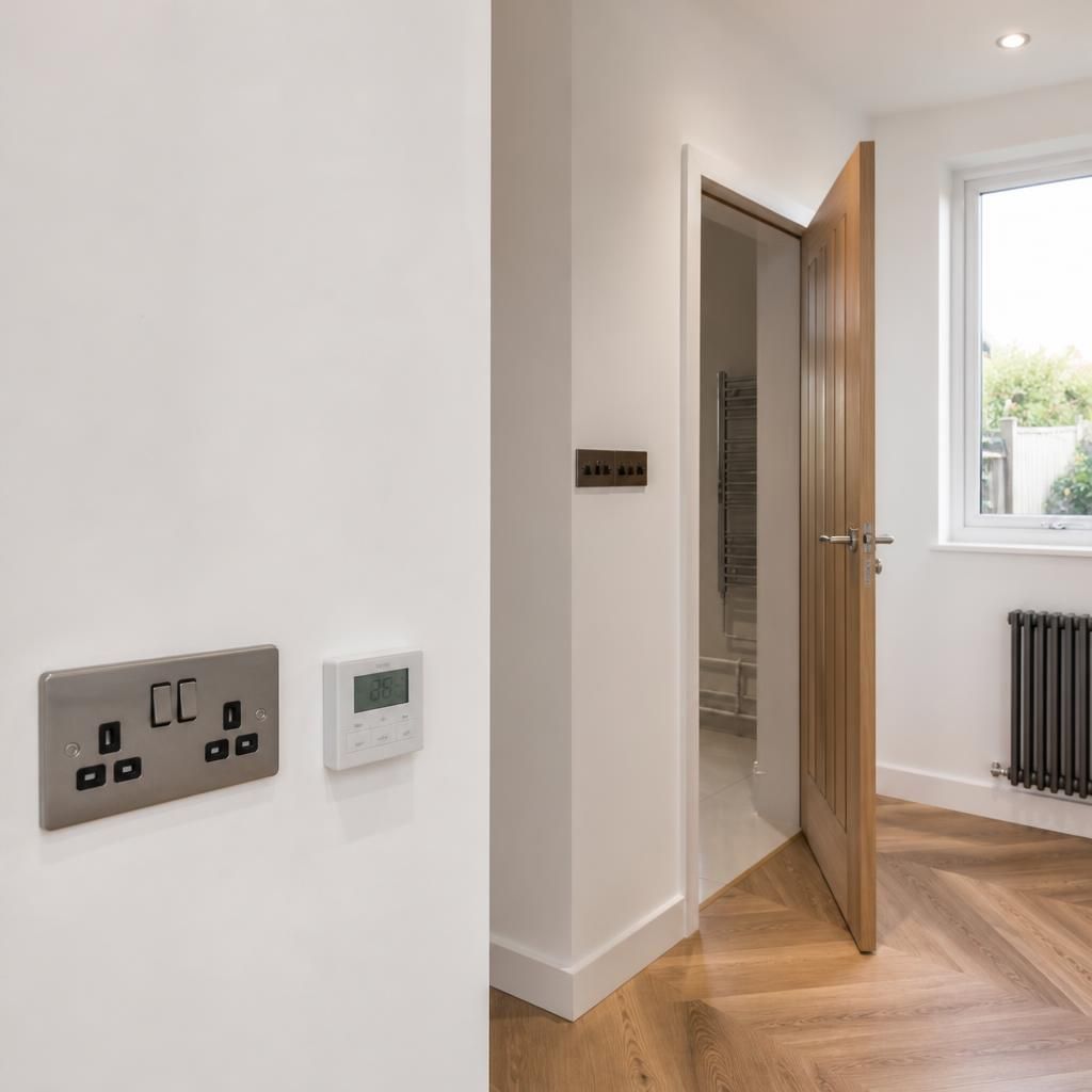 Completed rewired room with modern electrical accessories