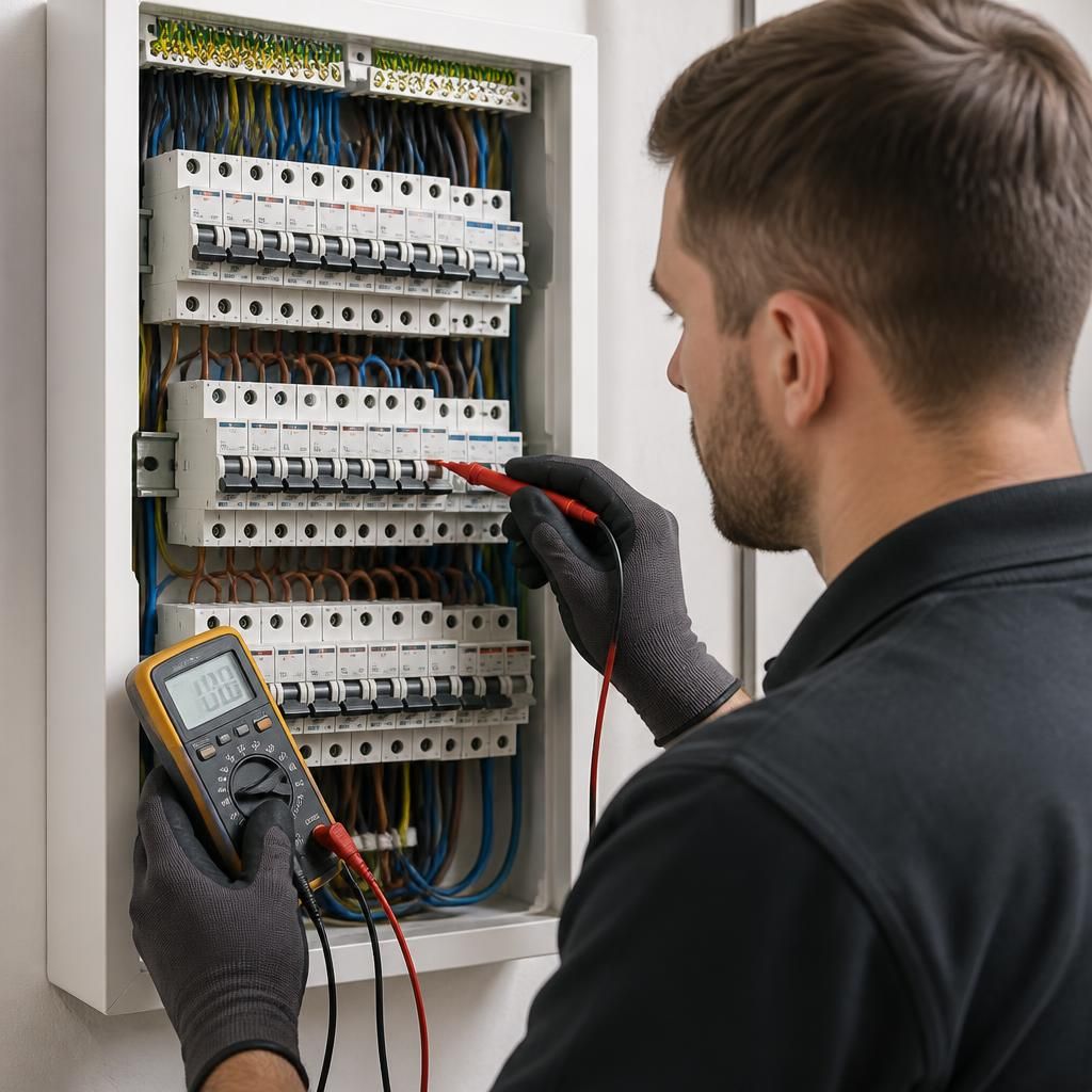 Electrician checking completed electrical connections at a consumer unit