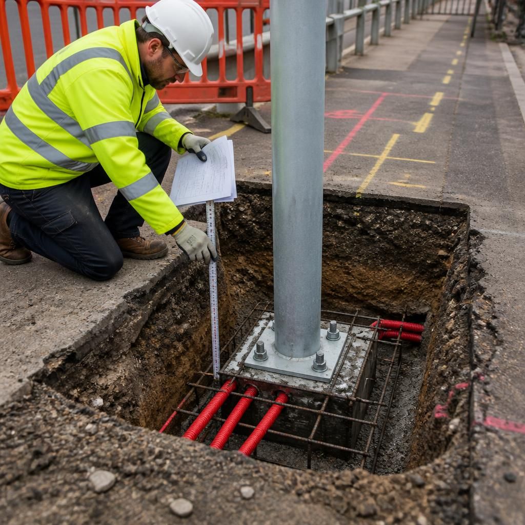 Engineer inspecting a street lighting column foundation excavation beside a marked utility route