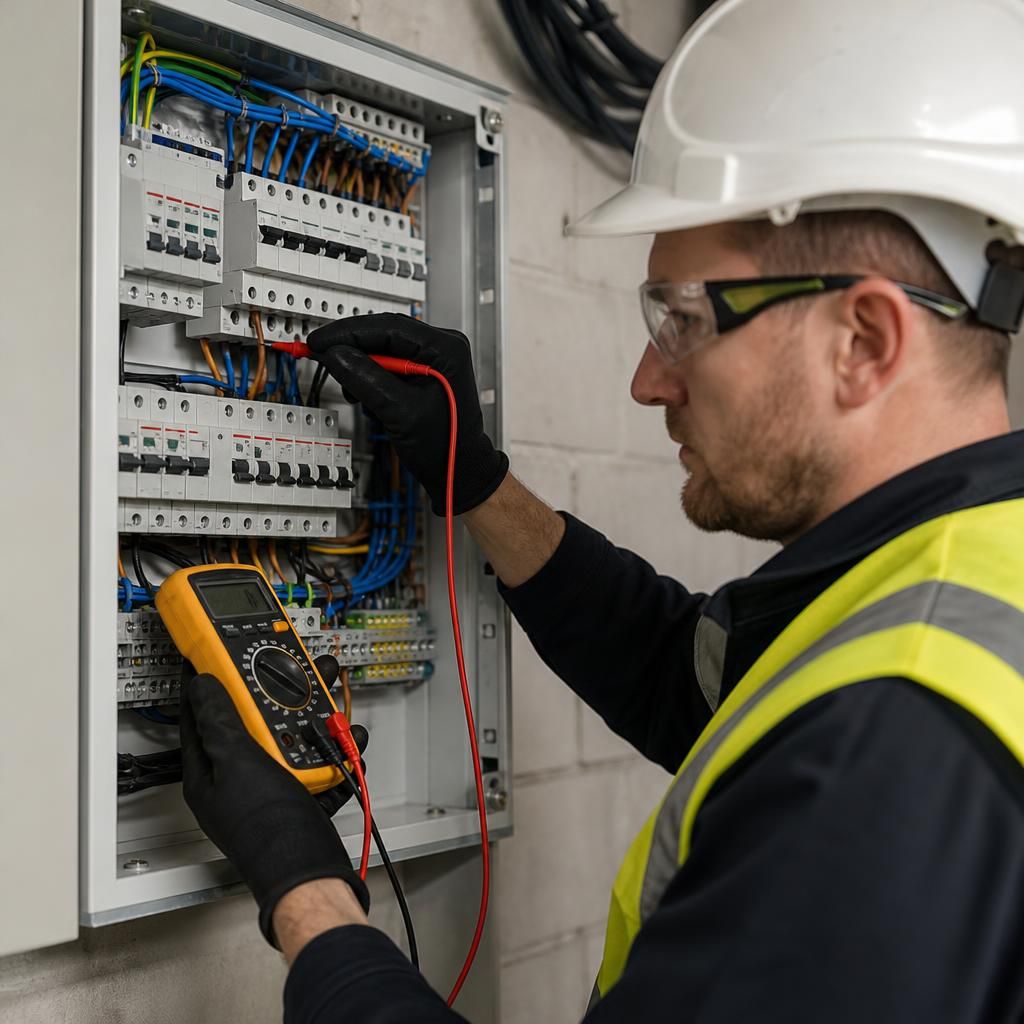 Electrician inspecting a commercial distribution board with electrical testing equipment