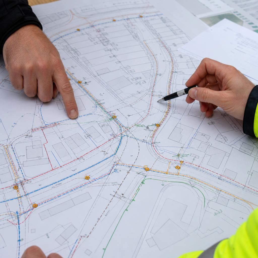 Street lighting site plan showing column positions, cable routes and access points