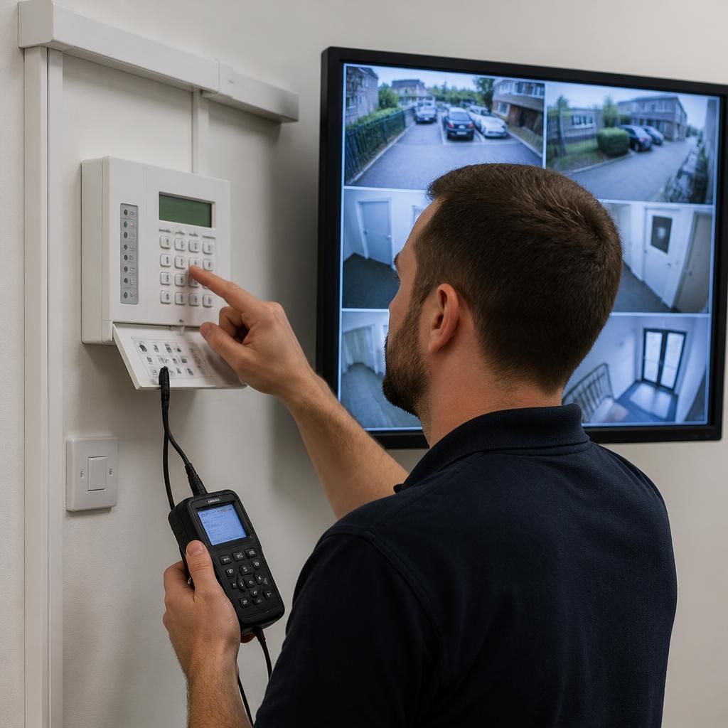Technician testing a security alarm control panel beside a CCTV monitor