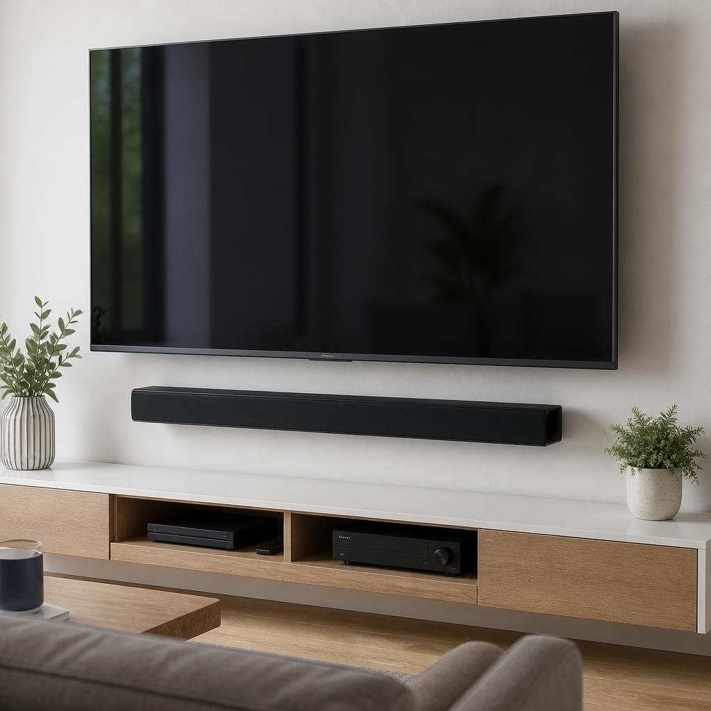 Wall-mounted television with a soundbar positioned beneath it
