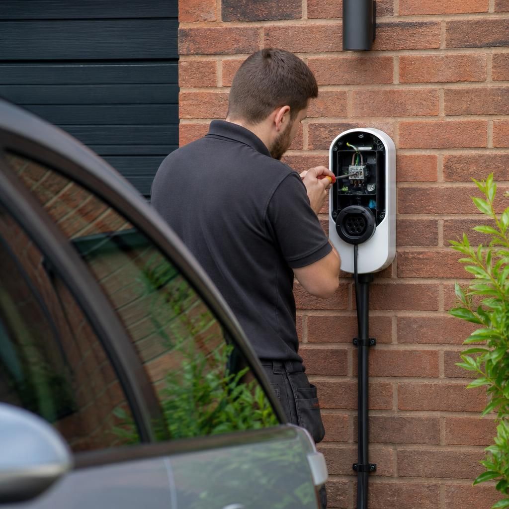 Qualified electrician carrying out electrical work for an EV charging installation