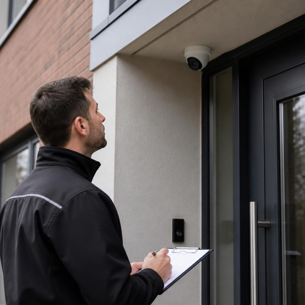 Technician examining a security camera and property entrance during a site survey