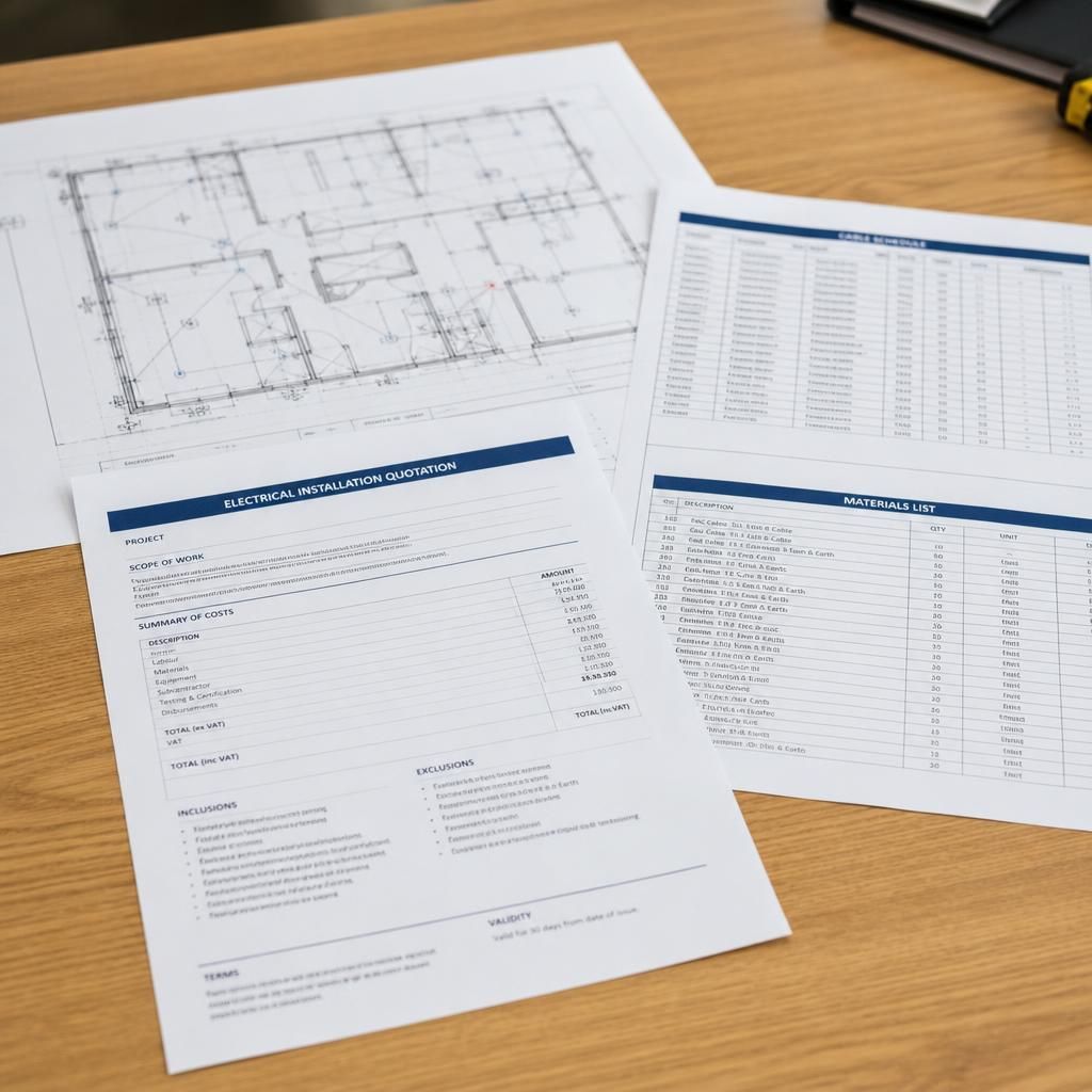 Printed electrical quotation beside a site plan, cable schedule and materials list