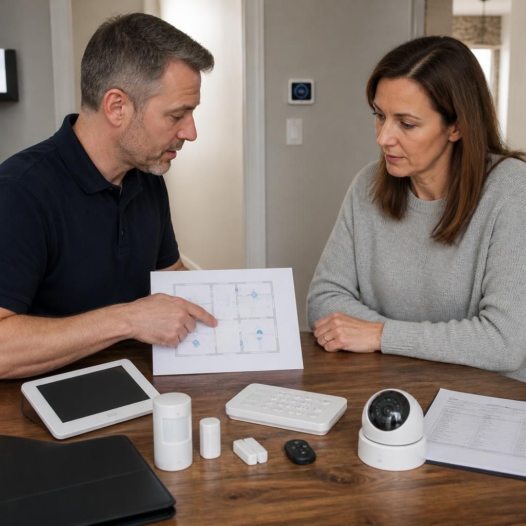 Installer reviewing a home security system layout and equipment list with a homeowner