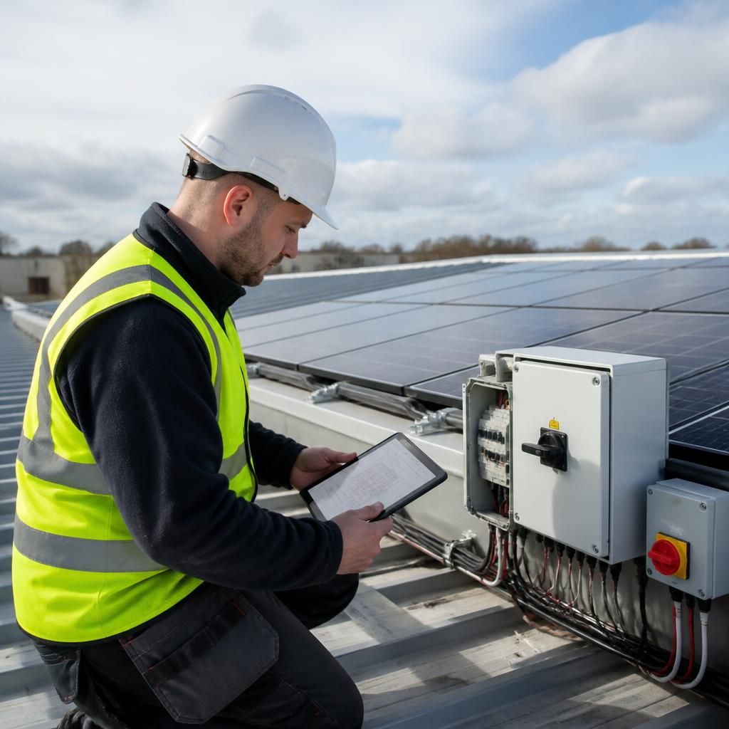 Installer reviewing roof access and solar electrical equipment on a commercial building
