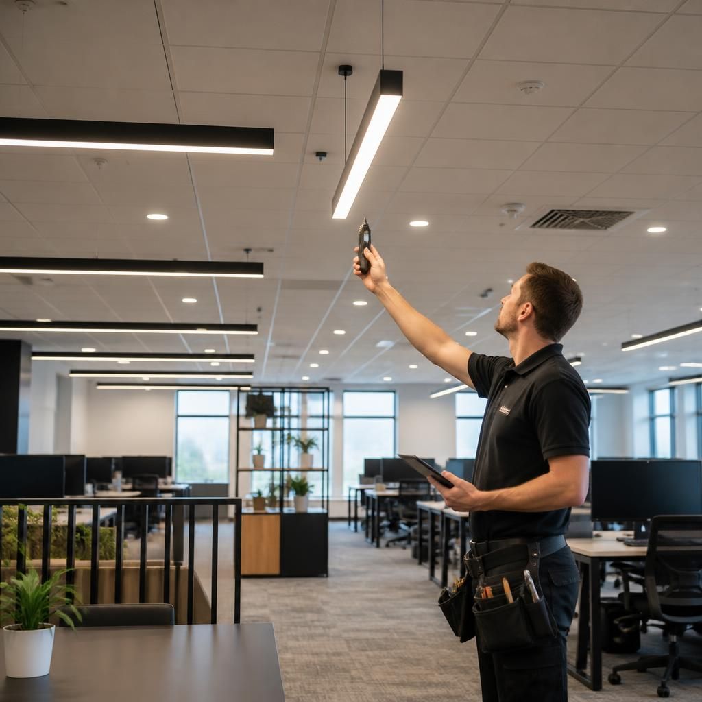Commercial interior lighting installation being tested in a finished workplace