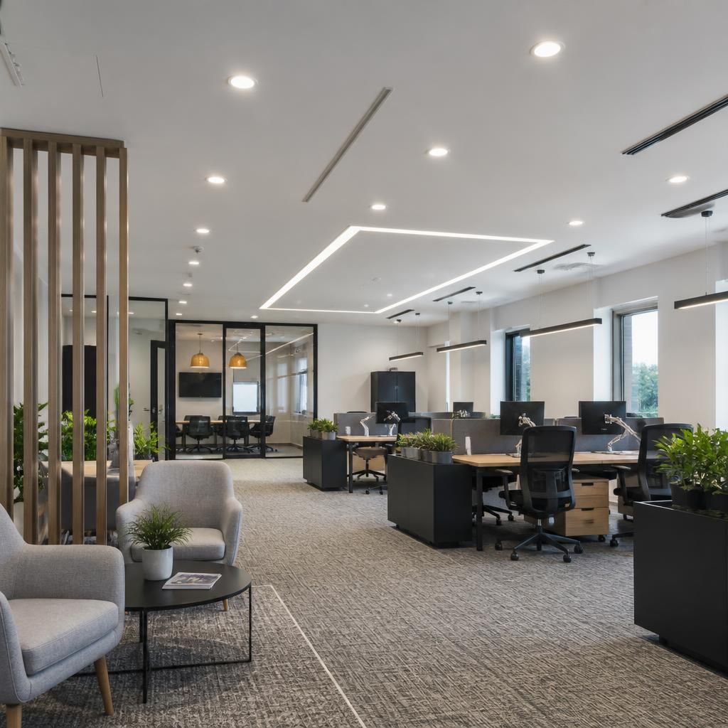 Modern commercial interior with lighting fittings proportioned to the ceiling and room layout