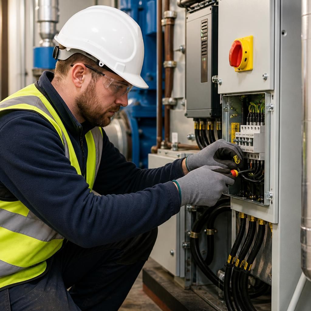 Electrician connecting electrical services to building plant and equipment