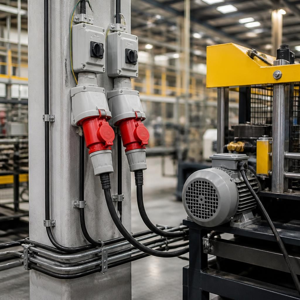 Electrical connection points supplying machinery in an industrial workspace