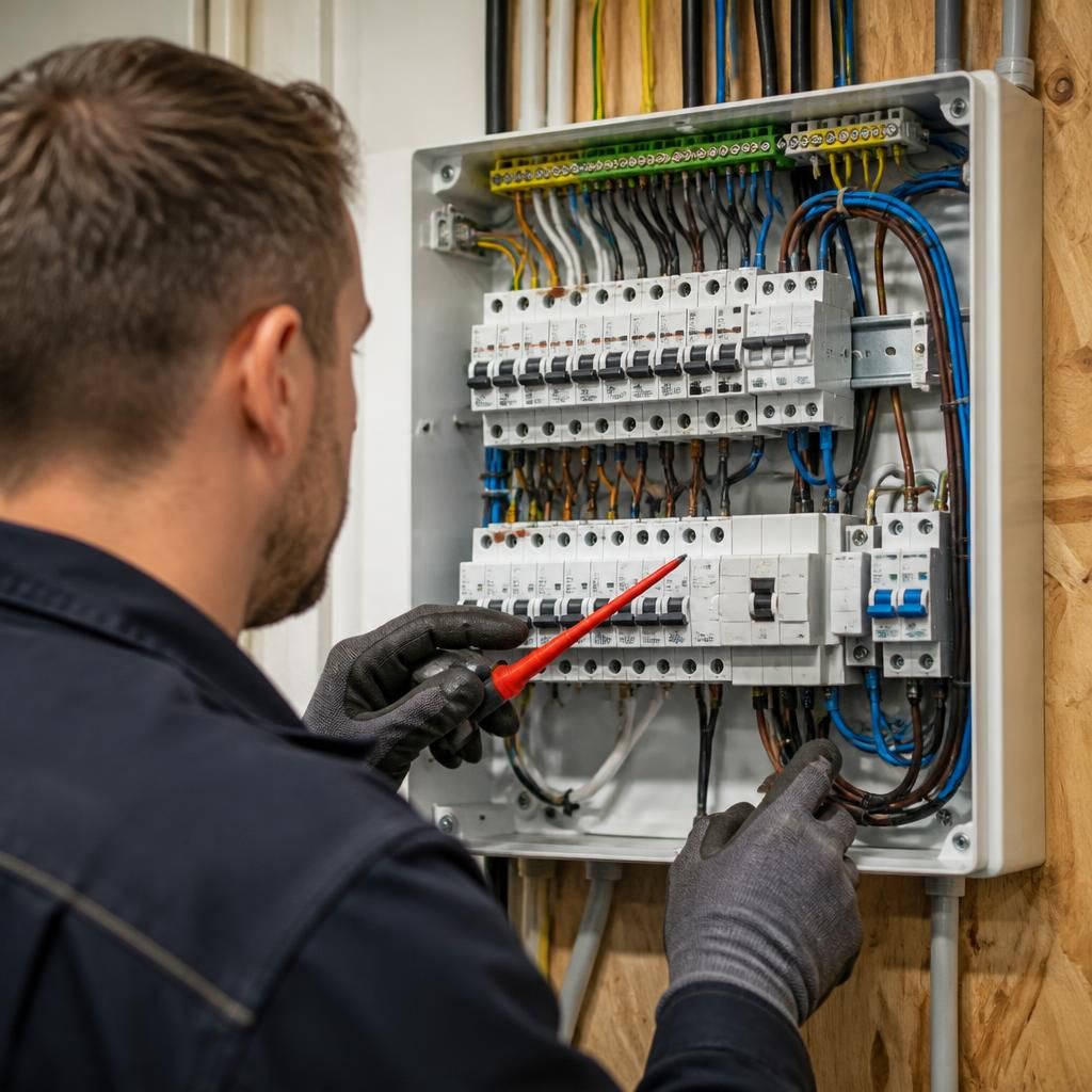 Electrician inspecting circuit breakers inside an open distribution board