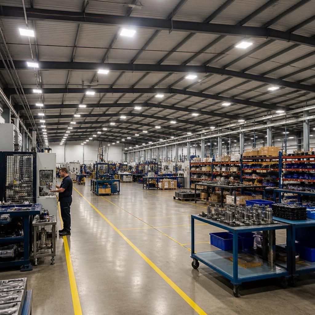 Industrial lighting installed across a warehouse and work area