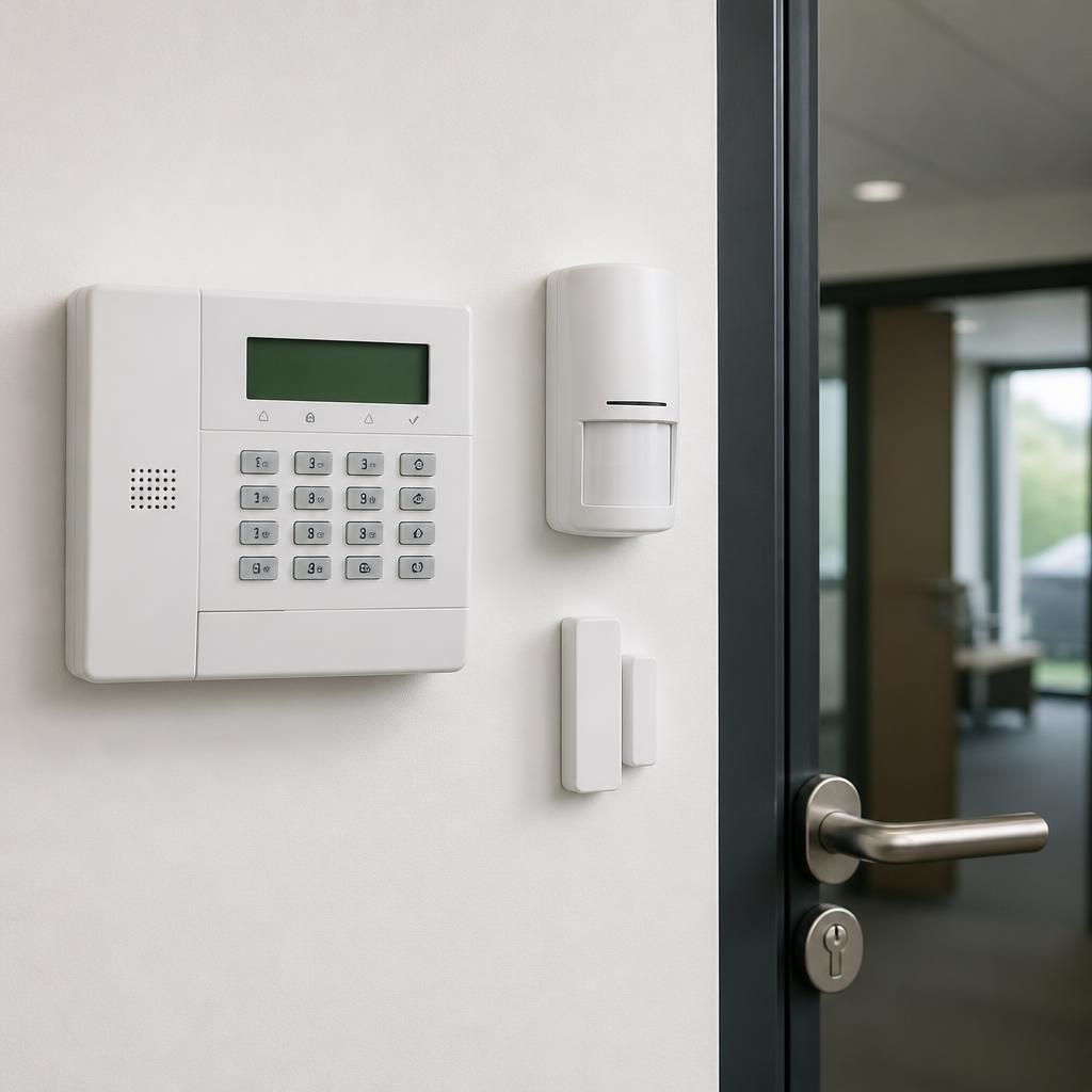 Security alarm control panel, motion sensor and door contact installed in a commercial property