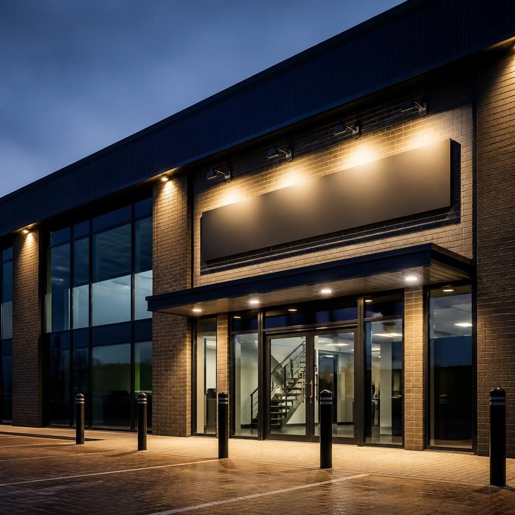 Commercial building frontage with illuminated signage and architectural details