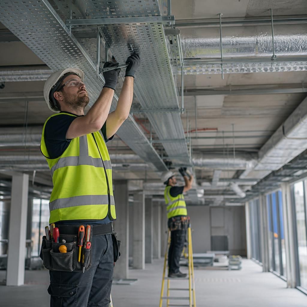 Electricians installing structured cable containment within a commercial building