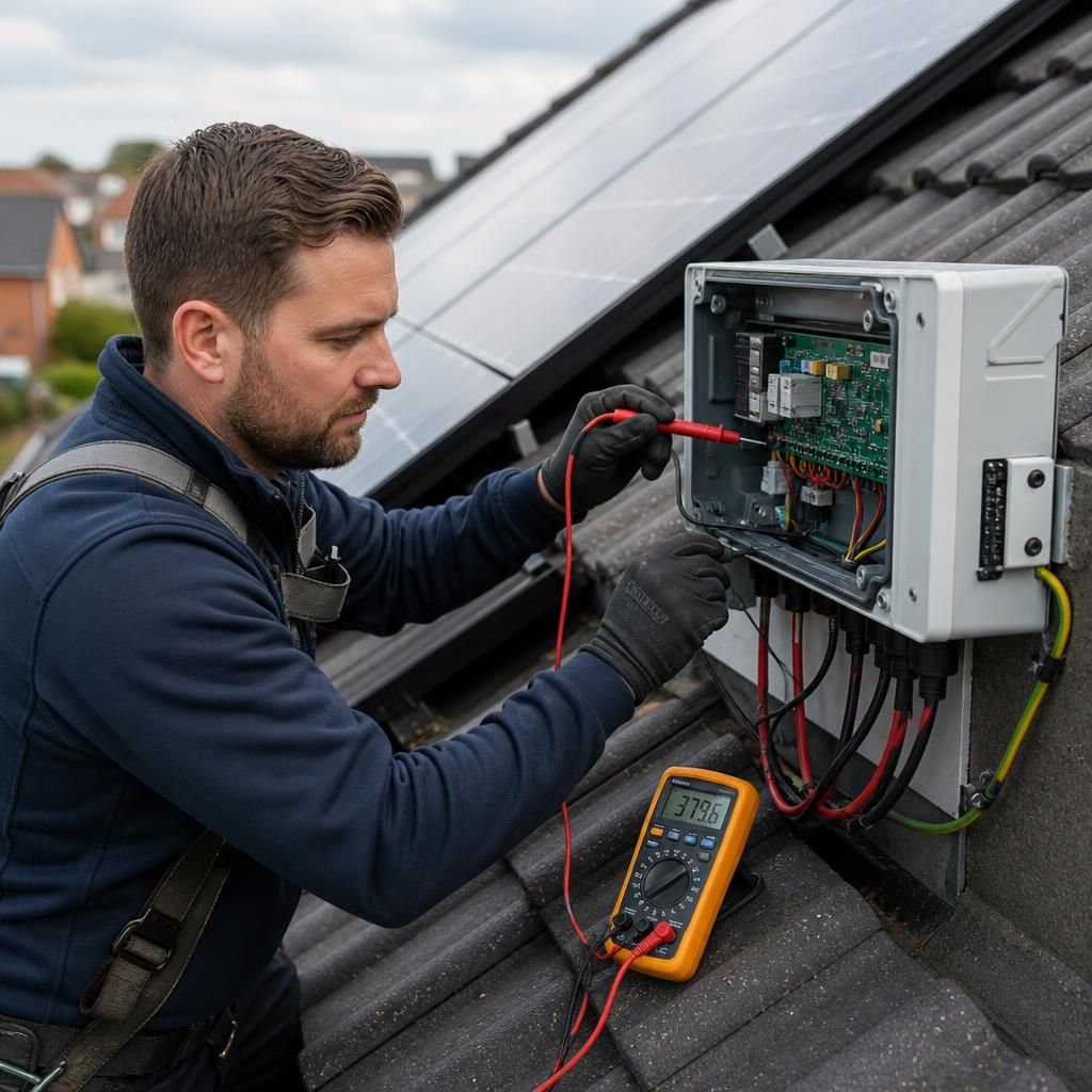Engineer testing solar panel wiring with electrical test equipment