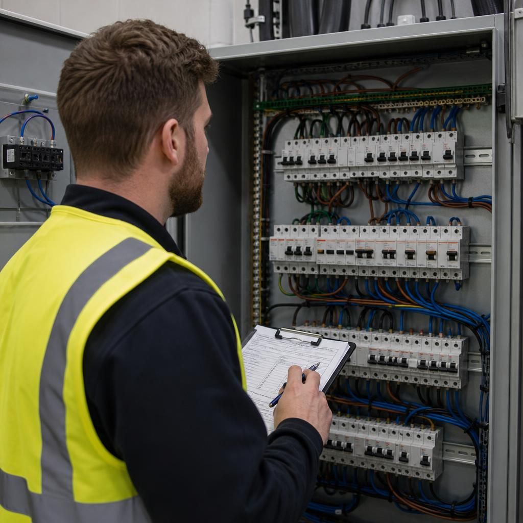 Electrician inspecting a commercial distribution board during an electrical installation condition report