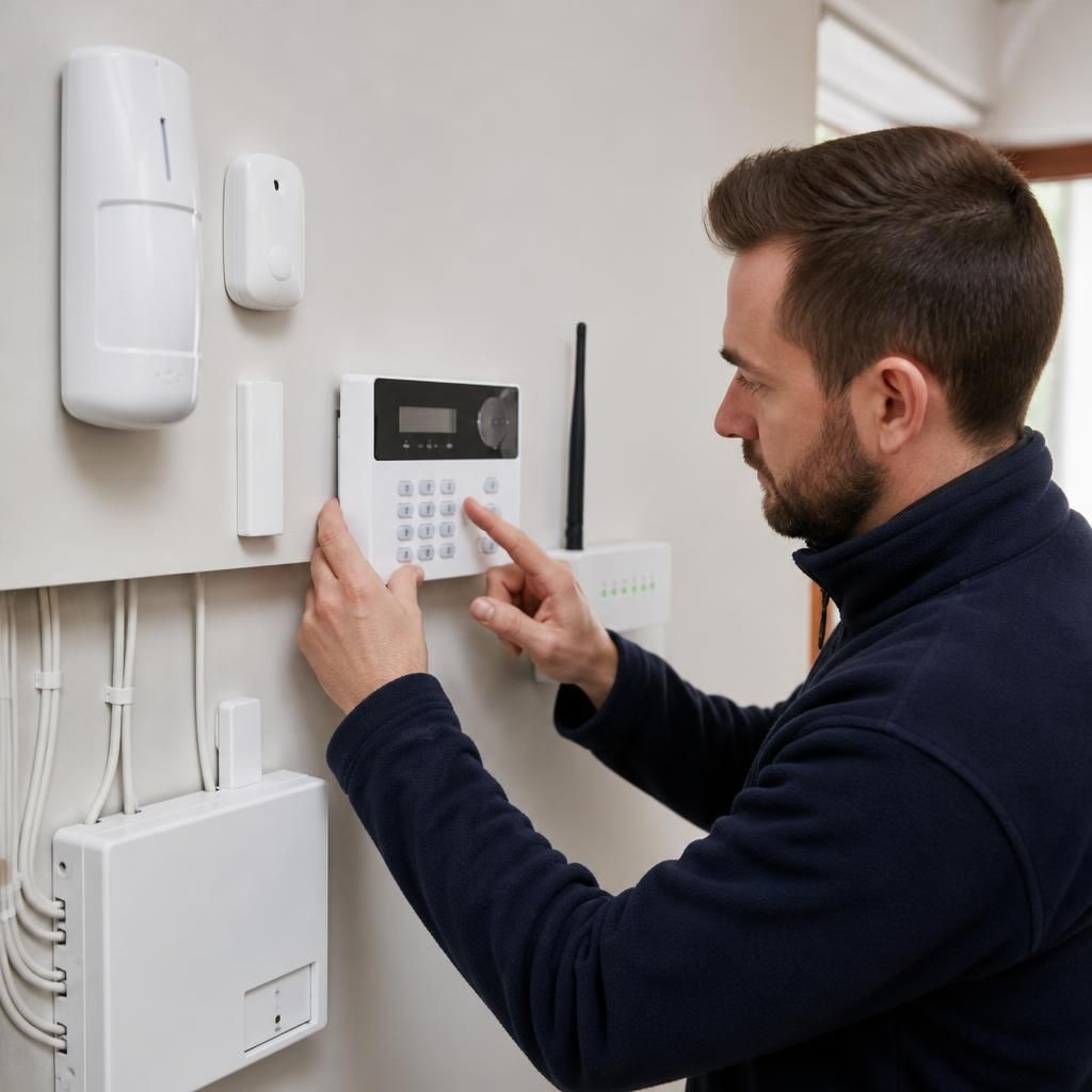 Technician checking a security control panel beside wired and wireless sensors