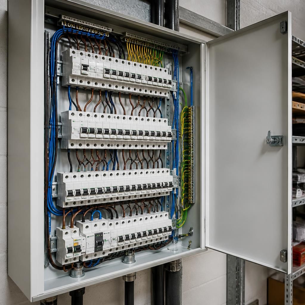 Open commercial distribution board with labelled circuit breakers and electrical cabling