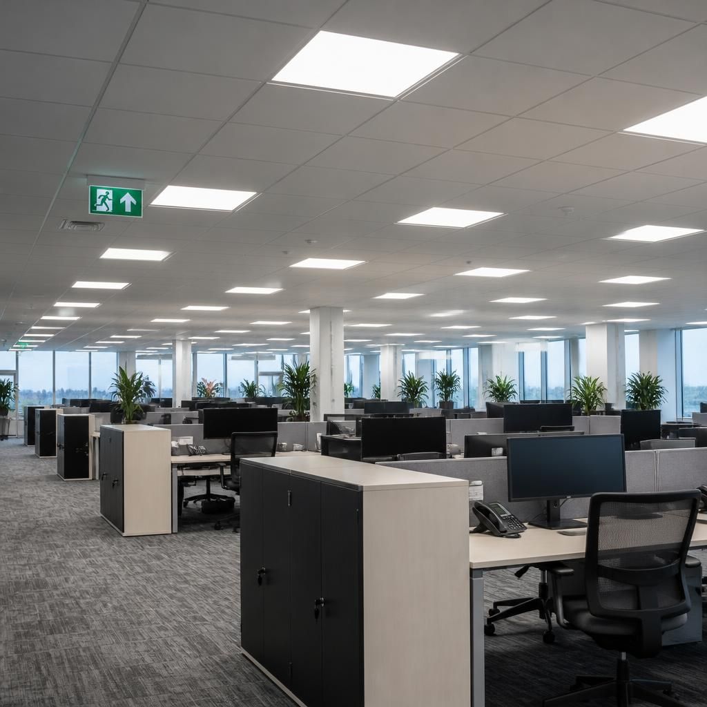 Suspended LED panels illuminating an open-plan office with emergency exit signs