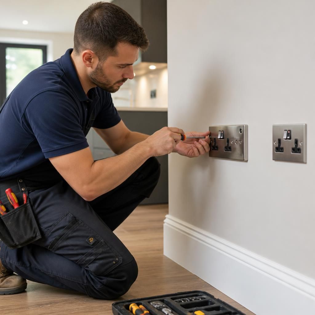 Electrician fitting sockets and switches during second fix electrical work
