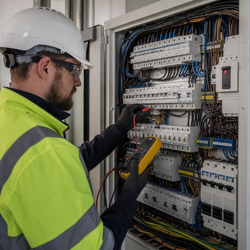 Electrician inspecting a commercial building’s electrical distribution board with a tester