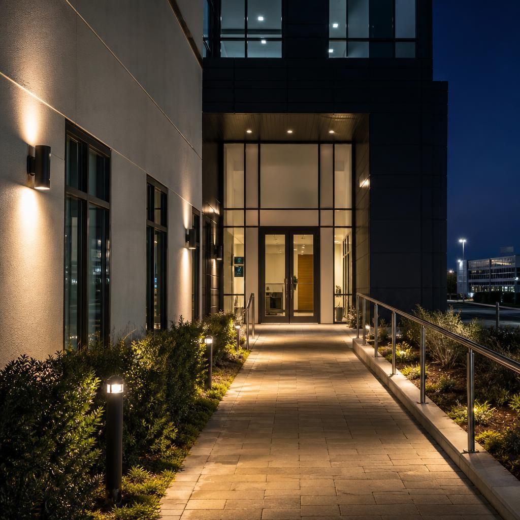 Commercial outdoor lighting illuminating a business entrance and pedestrian approach
