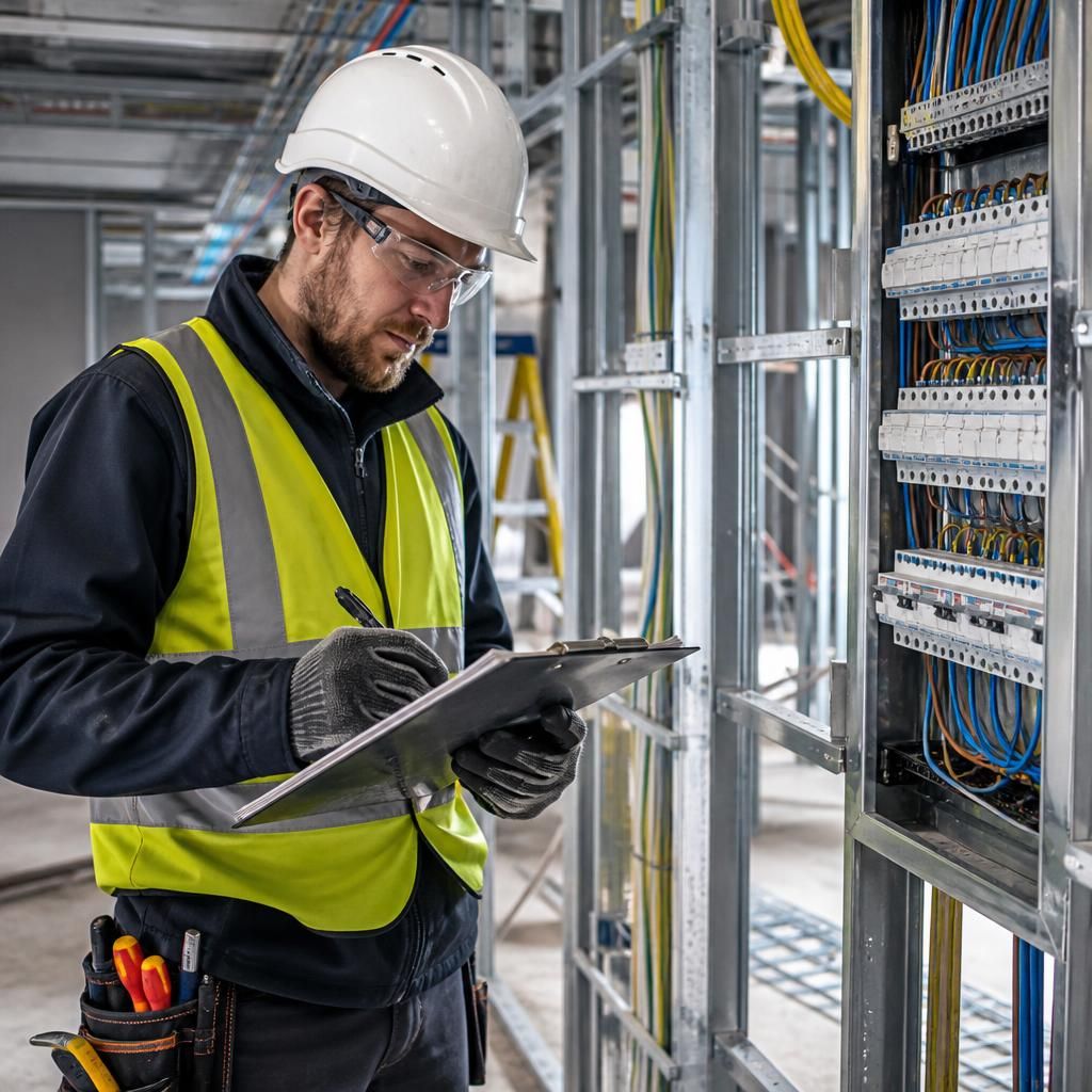 Electrical contractor completing inspection and testing documentation on a construction project