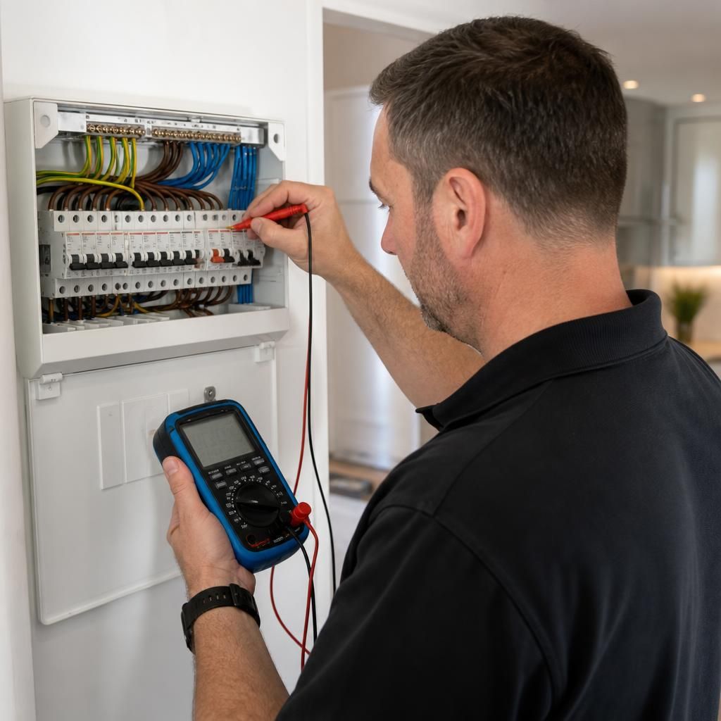 Electrician inspecting a domestic consumer unit with electrical test equipment