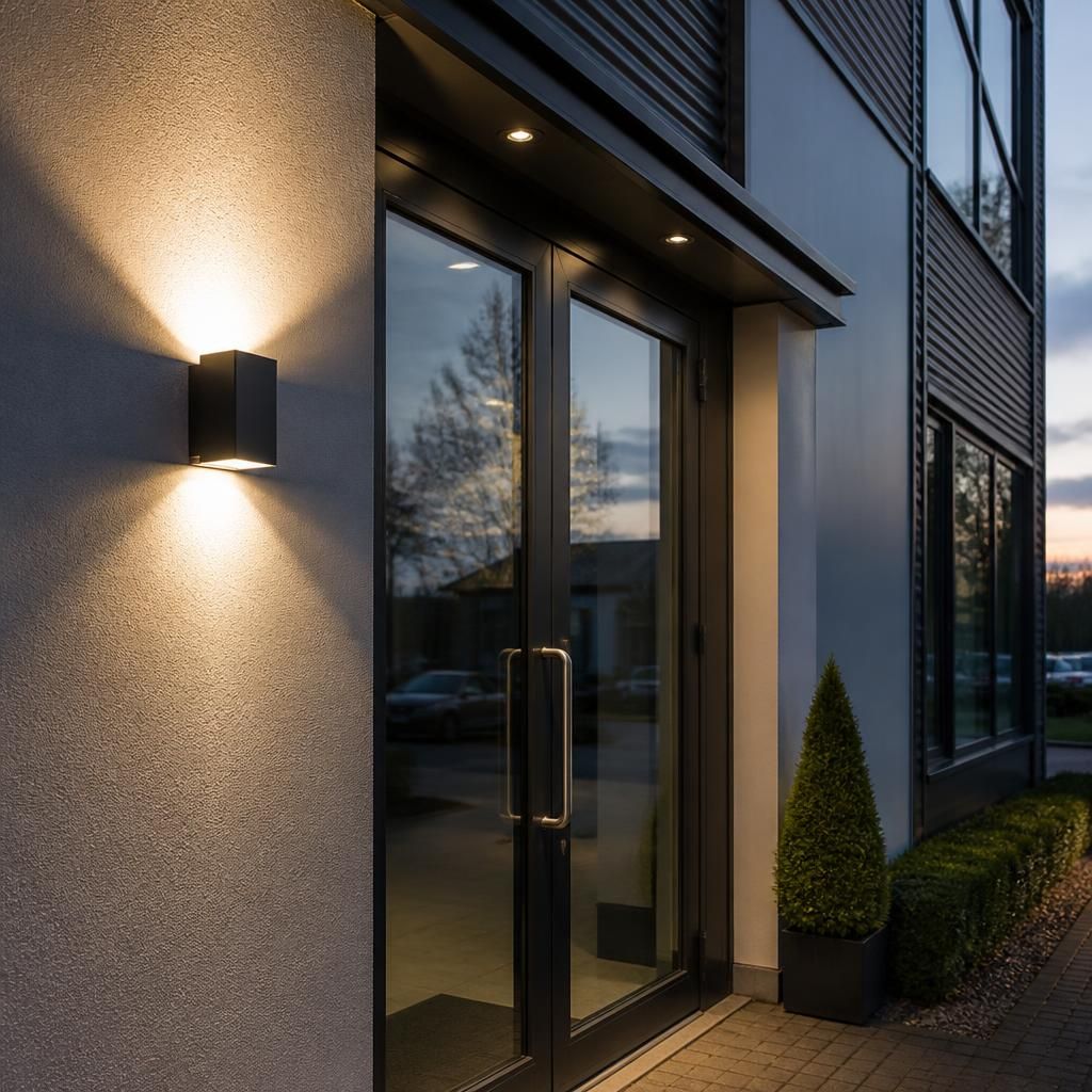 External wall light fitted beside a commercial entrance