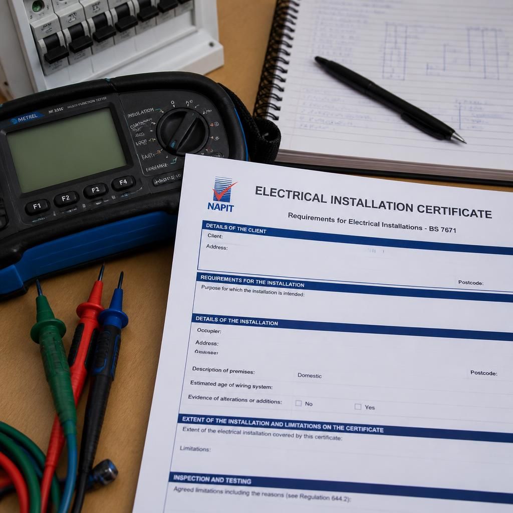 Electrical installation certificate beside electrical test equipment and inspection notes