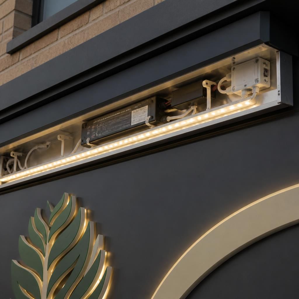 Accessible LED signage lighting components installed above a shop sign