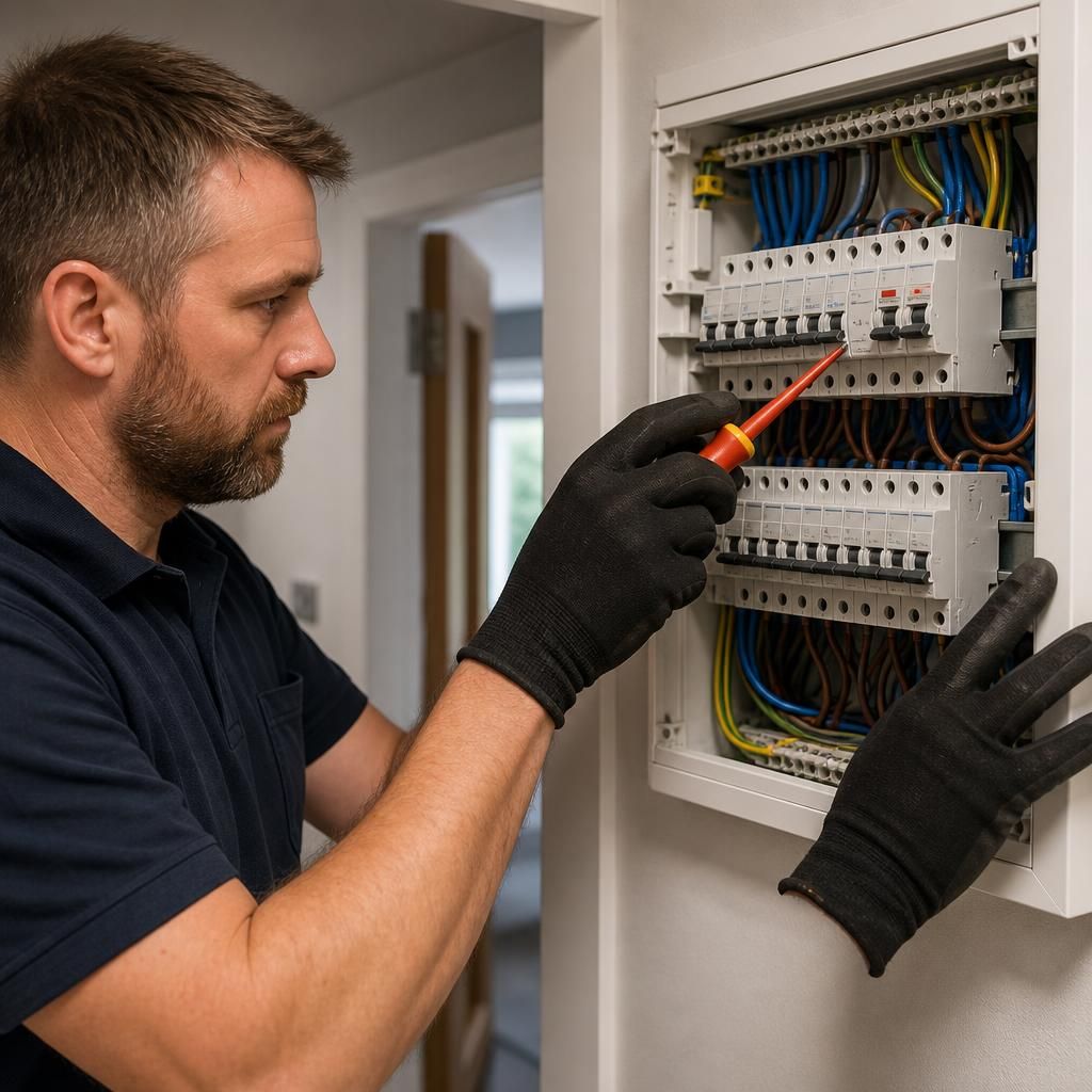 Electrician inspecting a consumer unit with a voltage tester