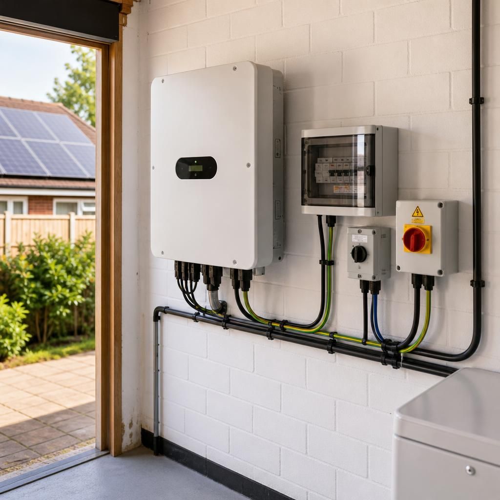 Electrical equipment installed neatly beside a domestic solar panel system