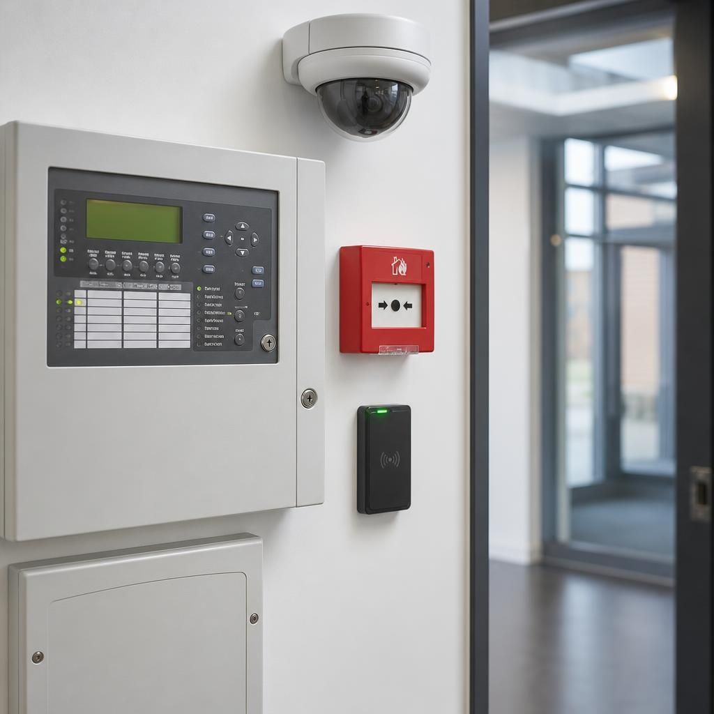 Commercial fire alarm panel, CCTV camera and access control reader in a business premises