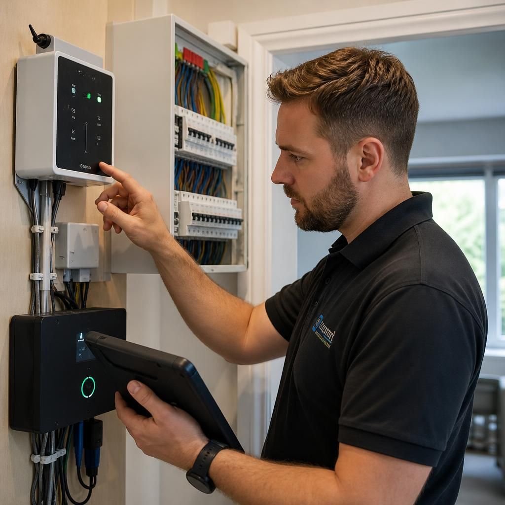 RJW Electrical engineer reviewing smart-home wiring and control equipment