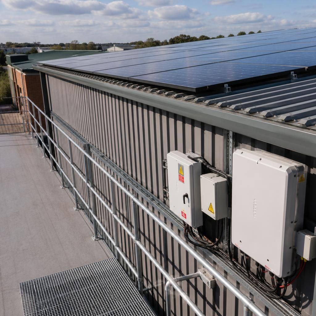 Solar panels installed on a commercial building with associated electrical equipment
