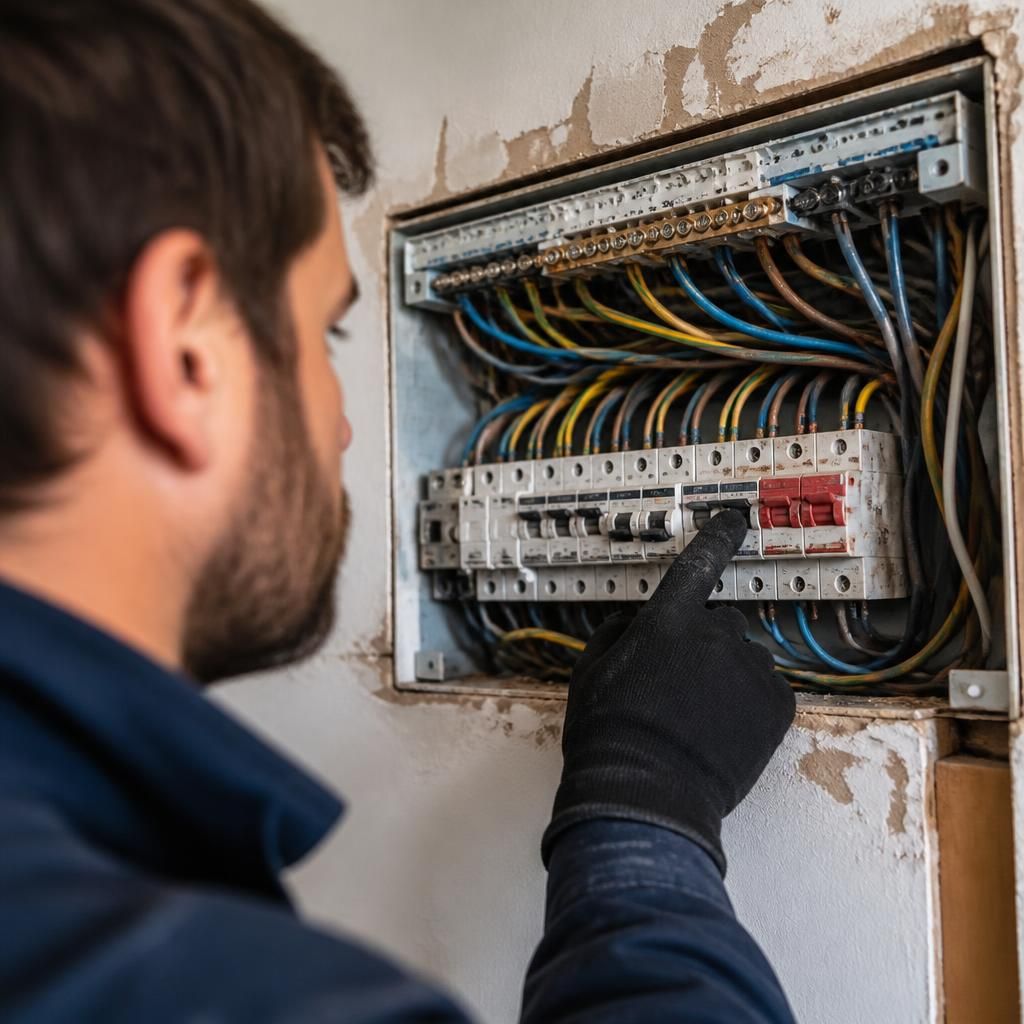 Electrician inspecting exposed wiring inside a consumer unit
