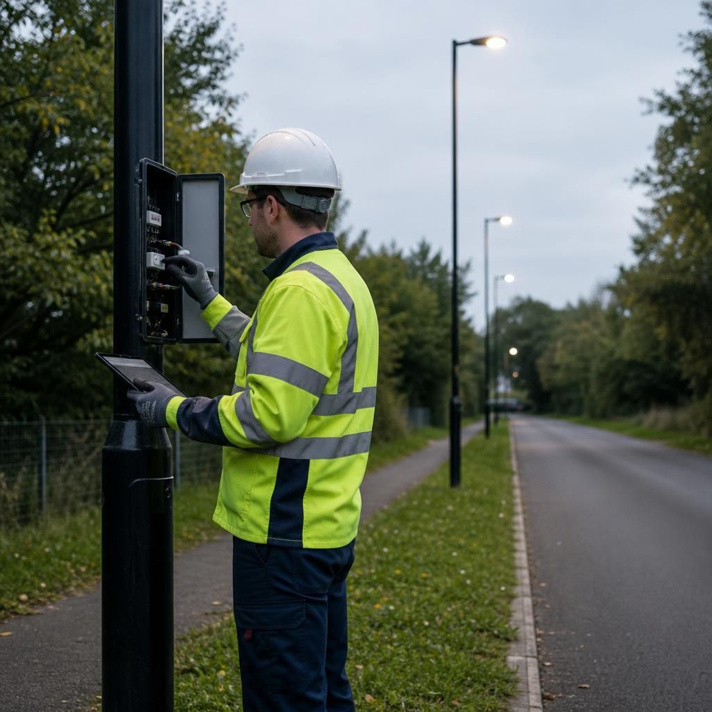 Technician inspecting a street lighting column beside a paved access road